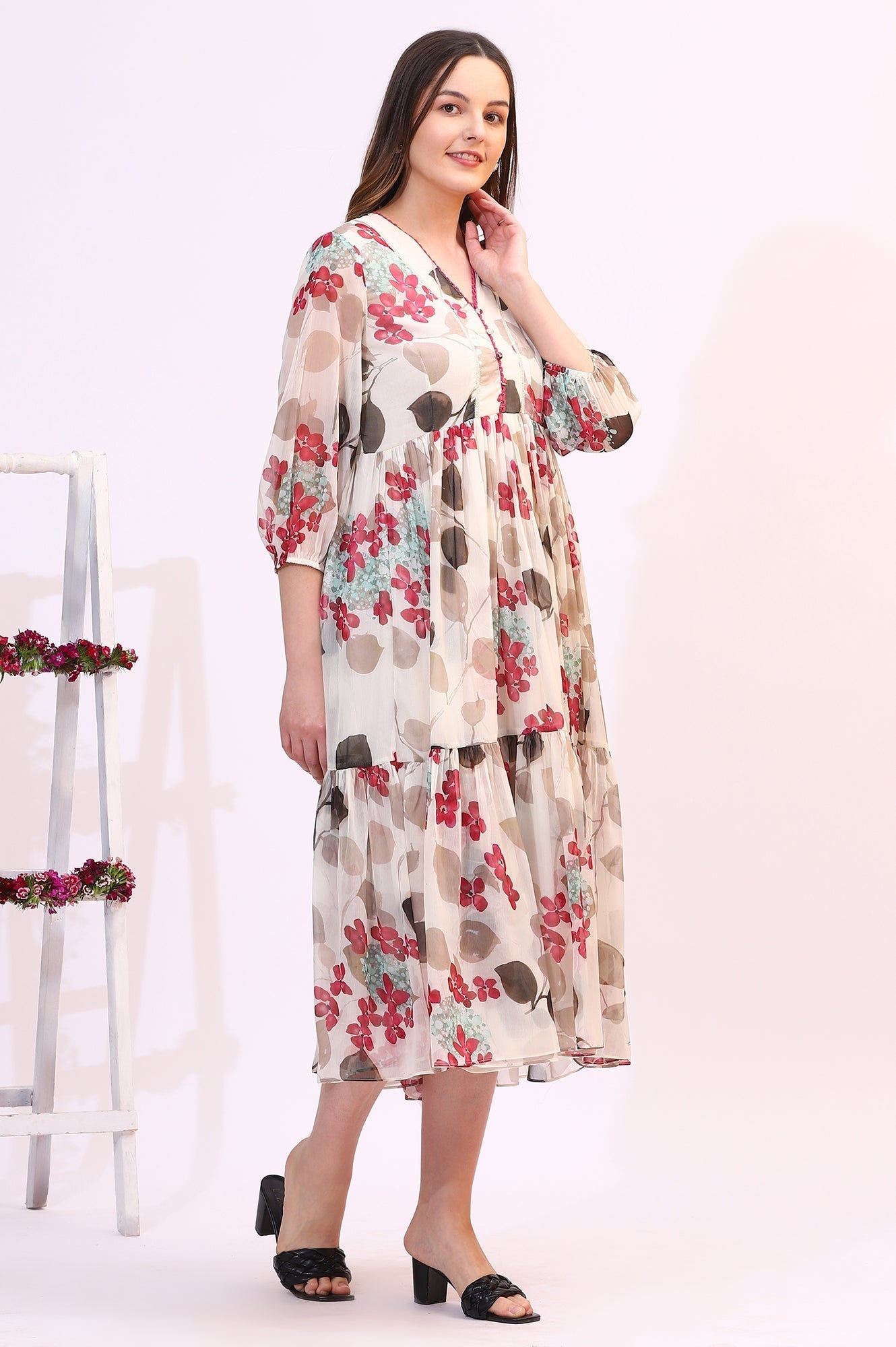 W for Woman Off White Bold Floral Printed Chiffon Tiered Dress