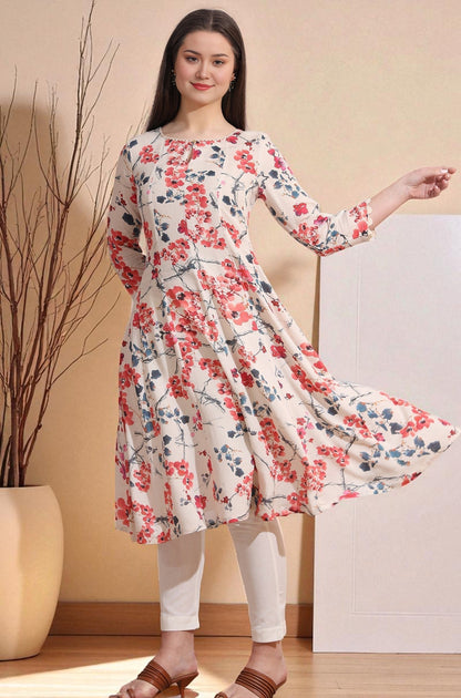W for Woman Light Beige Floral Printed Rayon Flax Anarkali Kurta with Lace