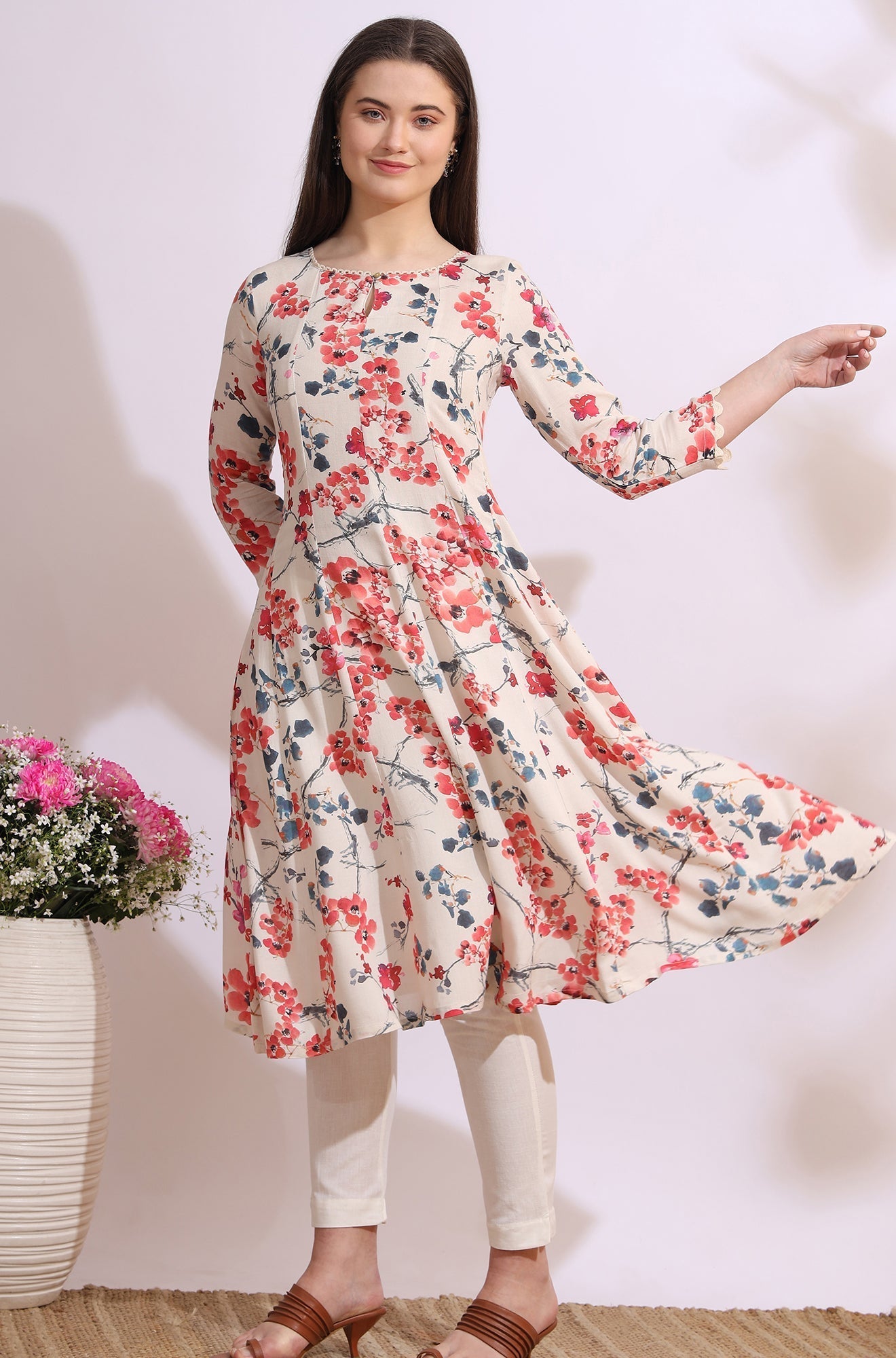 W for Woman Light Beige Floral Printed Rayon Flax Anarkali Kurta with Lace