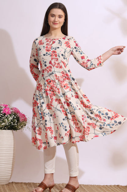 W for Woman Light Beige Floral Printed Rayon Flax Anarkali Kurta with Lace