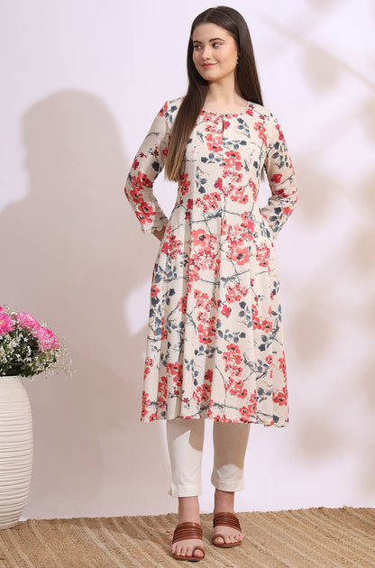 W for Woman Light Beige Floral Printed Rayon Flax Anarkali Kurta with Lace