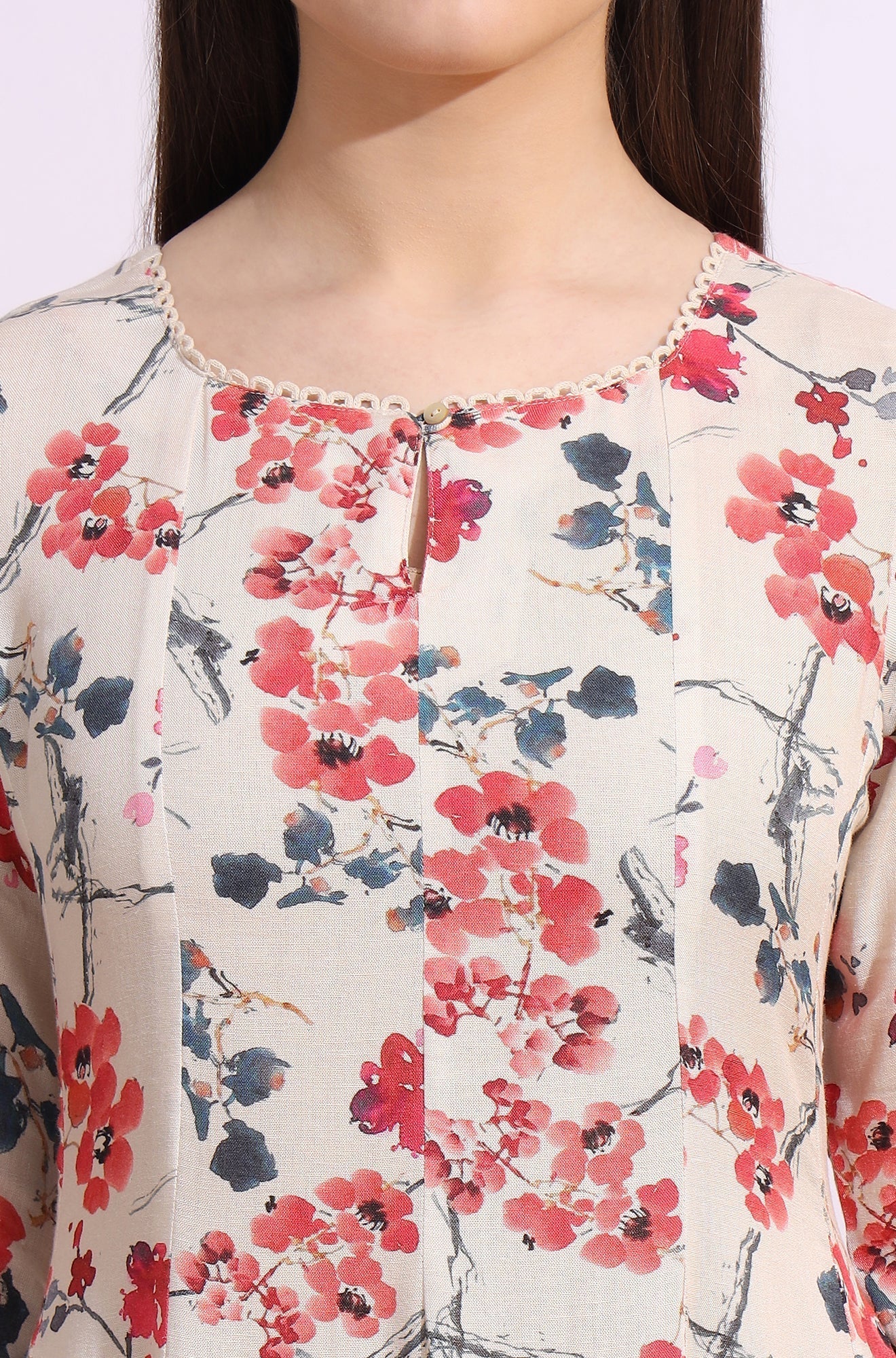 W for Woman Light Beige Floral Printed Rayon Flax Anarkali Kurta with Lace