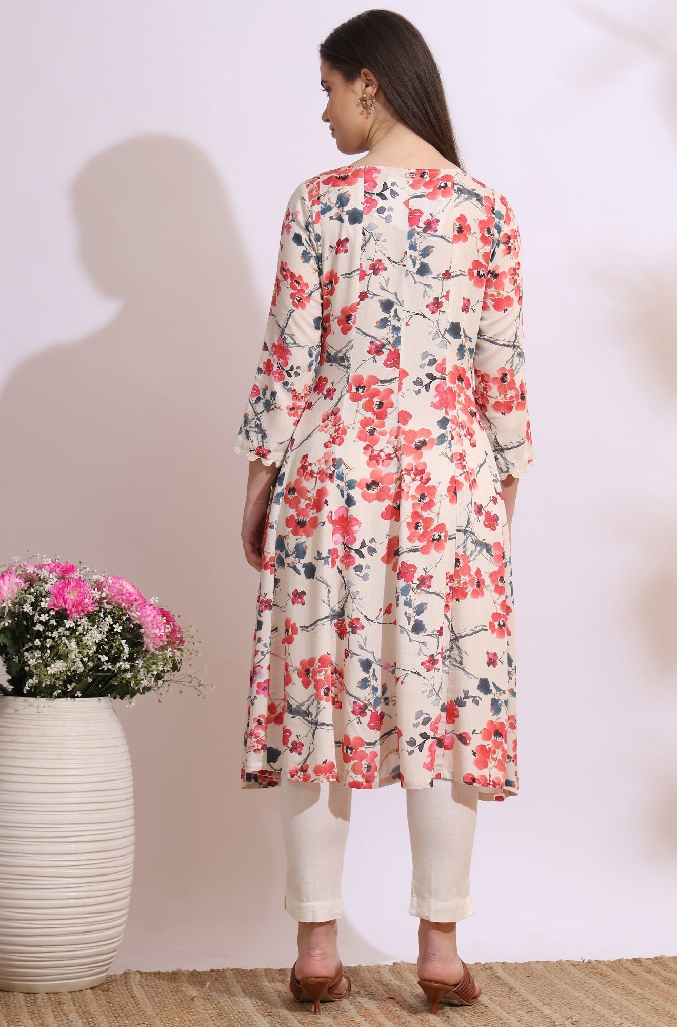 W for Woman Light Beige Floral Printed Rayon Flax Anarkali Kurta with Lace