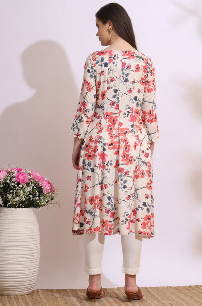 W for Woman Light Beige Floral Printed Rayon Flax Anarkali Kurta with Lace