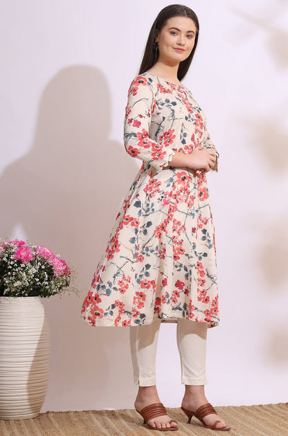 W for Woman Light Beige Floral Printed Rayon Flax Anarkali Kurta with Lace