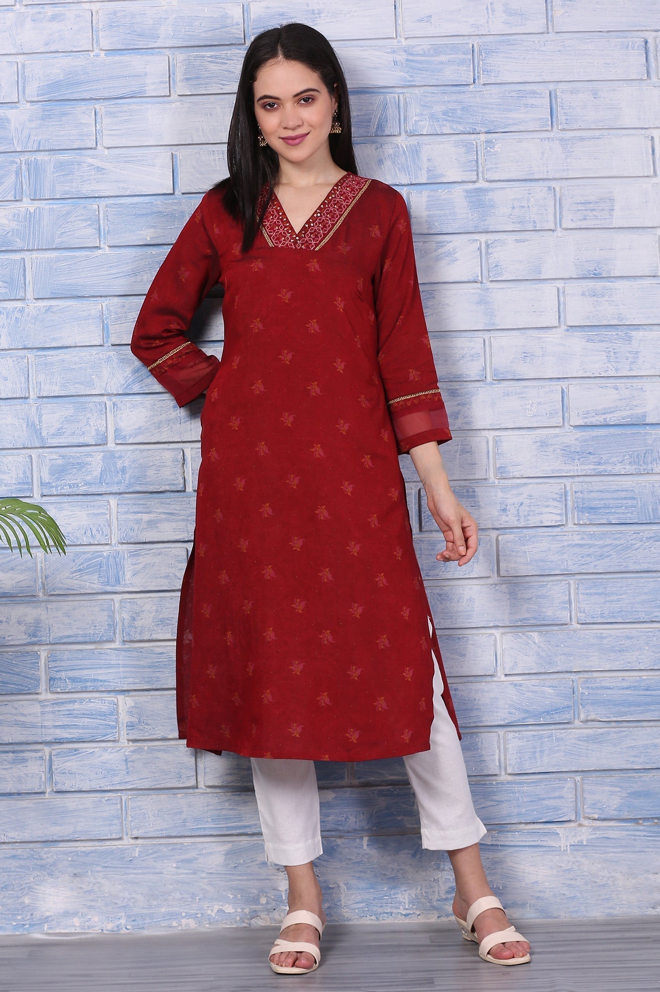 W for Woman Pink Paisley Printed Thread Embroidered Crepe Flared Kurta