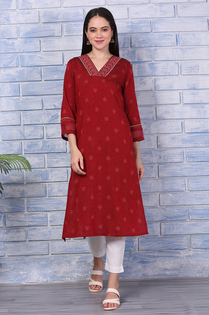 W for Woman Pink Paisley Printed Thread Embroidered Crepe Flared Kurta
