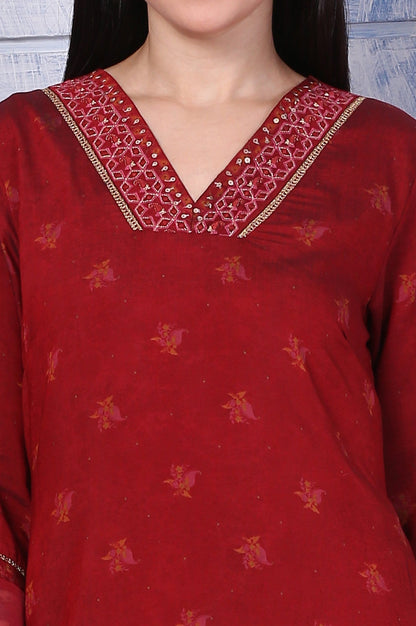W for Woman Pink Paisley Printed Thread Embroidered Crepe Flared Kurta