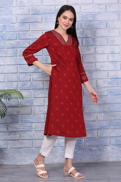 W for Woman Pink Paisley Printed Thread Embroidered Crepe Flared Kurta