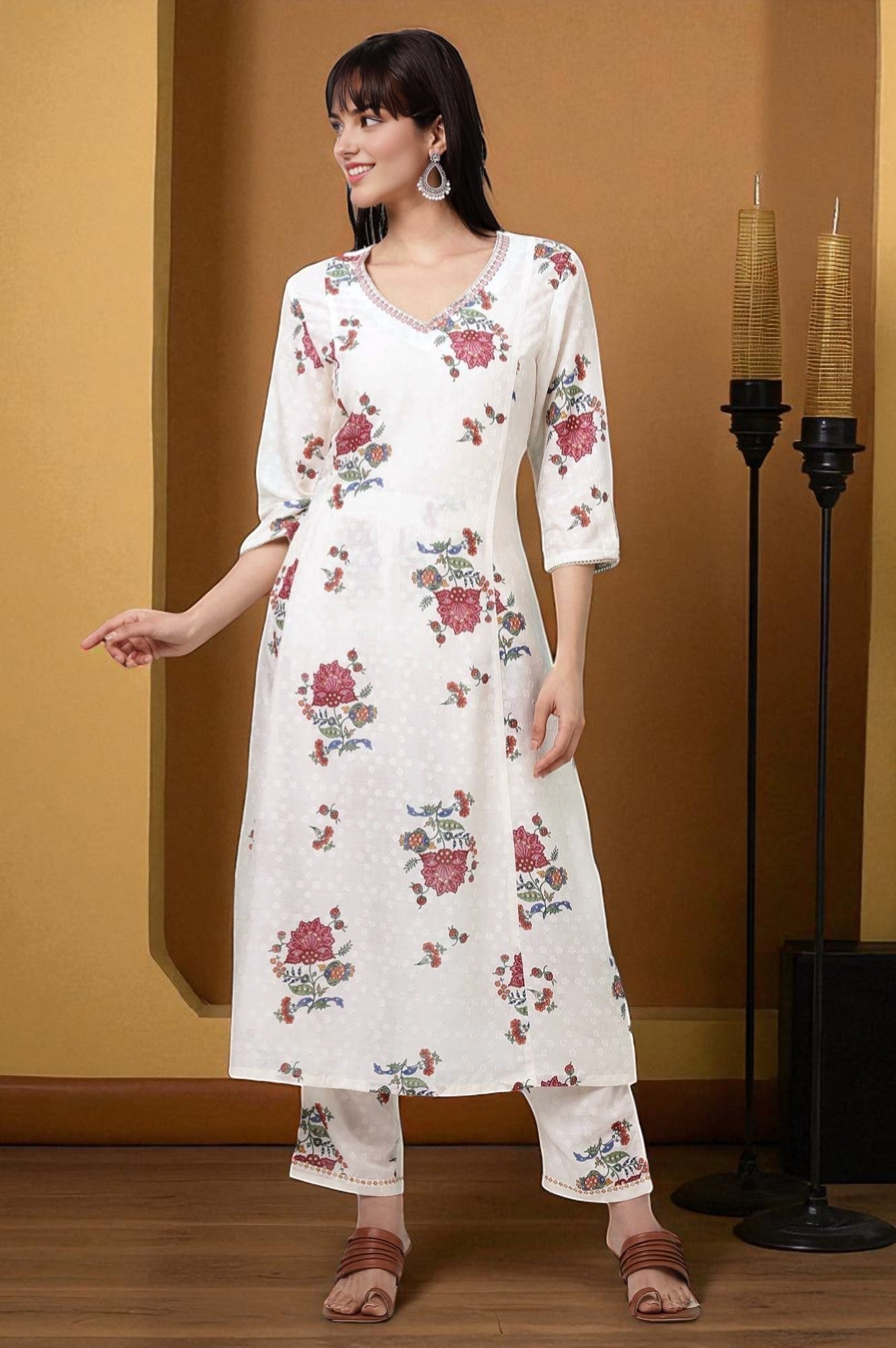 W for Woman White Floral Printed Textured Dobby Flared Kurta