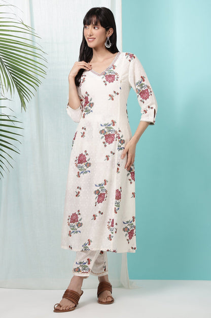 W for Woman White Floral Printed Textured Dobby Flared Kurta