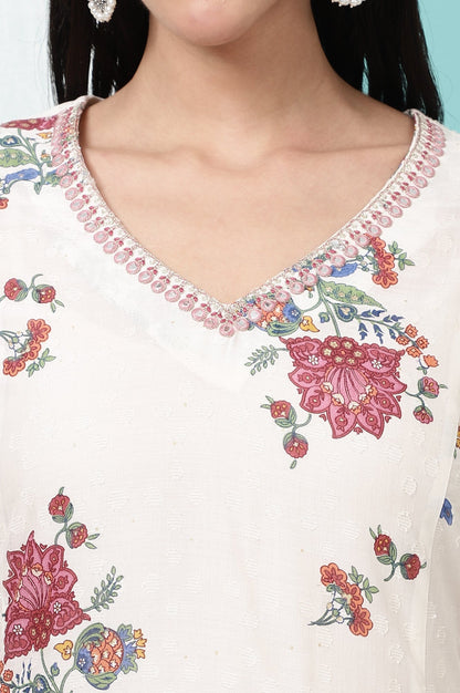 W for Woman White Floral Printed Textured Dobby Flared Kurta