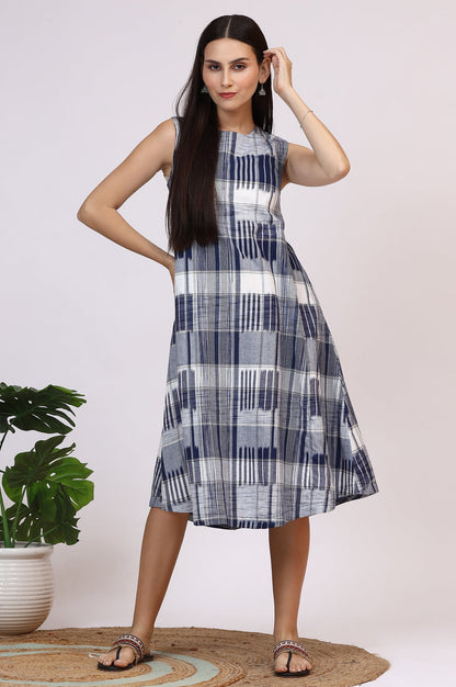W for Woman White and Blue Ikkat Pure Cotton Sleeveless Trapeze Dress