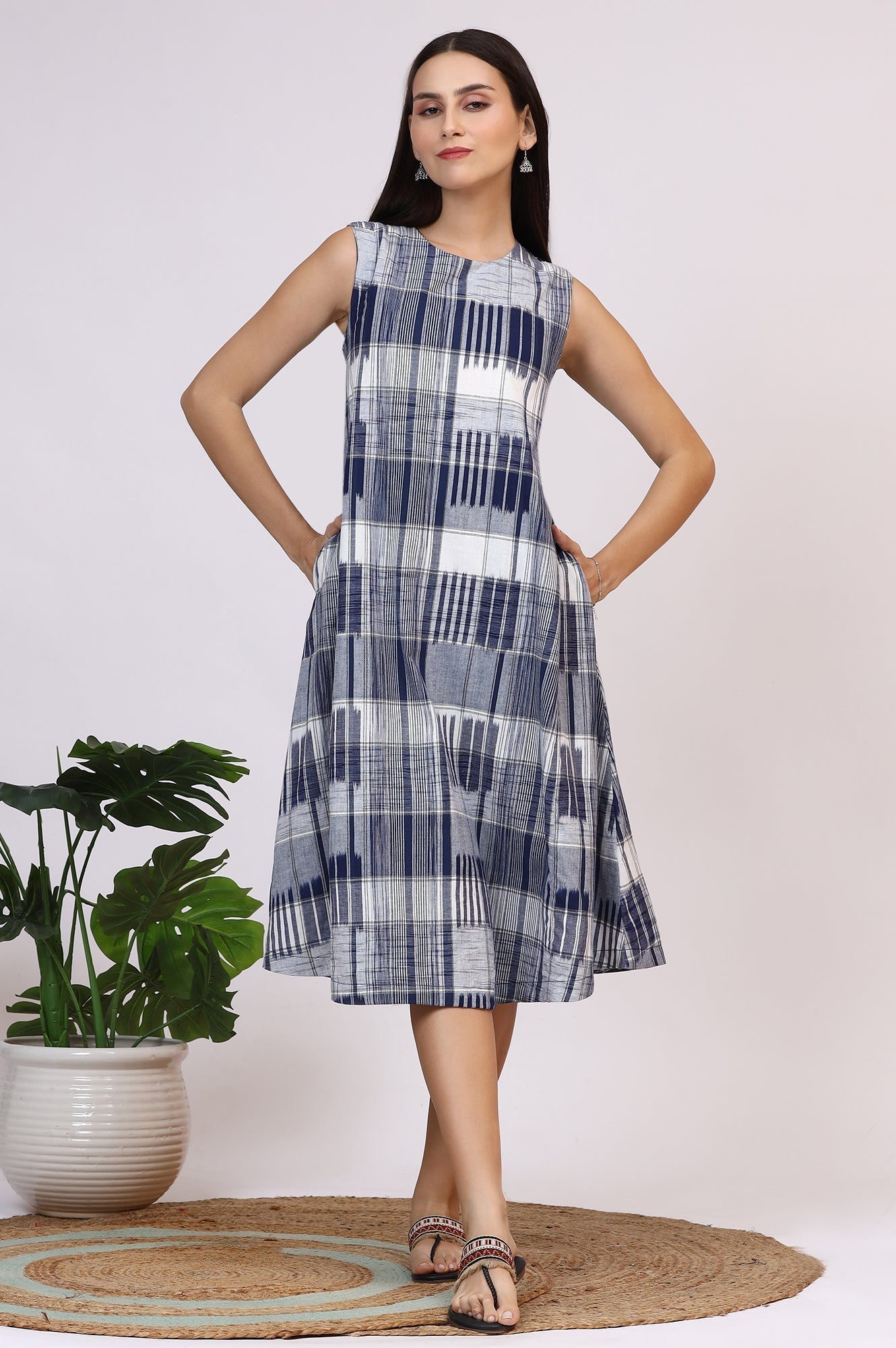 W for Woman White and Blue Ikkat Pure Cotton Sleeveless Trapeze Dress