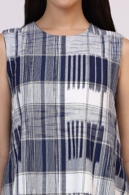 W for Woman White and Blue Ikkat Pure Cotton Sleeveless Trapeze Dress