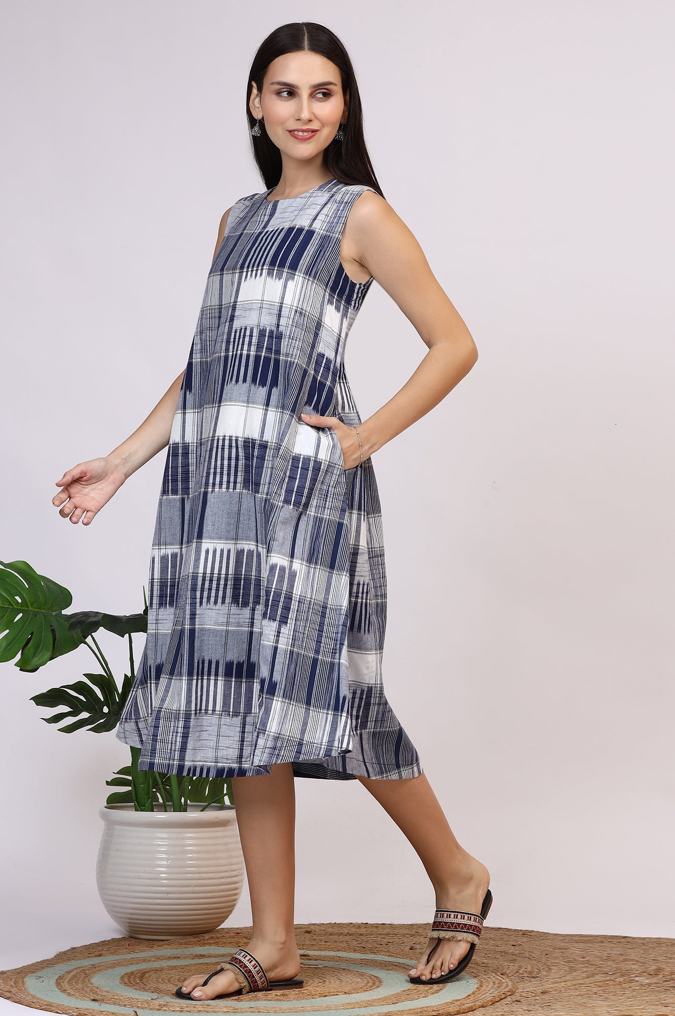 W for Woman White and Blue Ikkat Pure Cotton Sleeveless Trapeze Dress