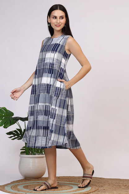 W for Woman White and Blue Ikkat Pure Cotton Sleeveless Trapeze Dress