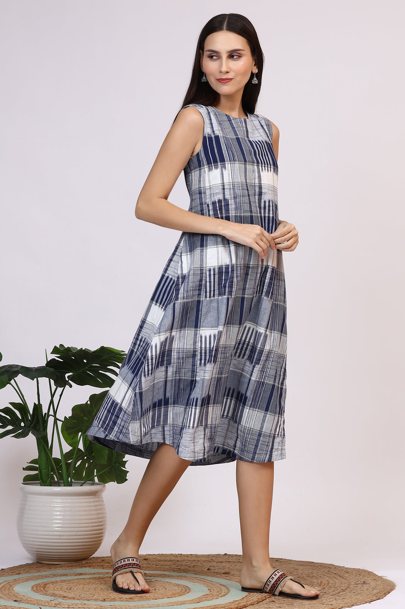 W for Woman White and Blue Ikkat Pure Cotton Sleeveless Trapeze Dress