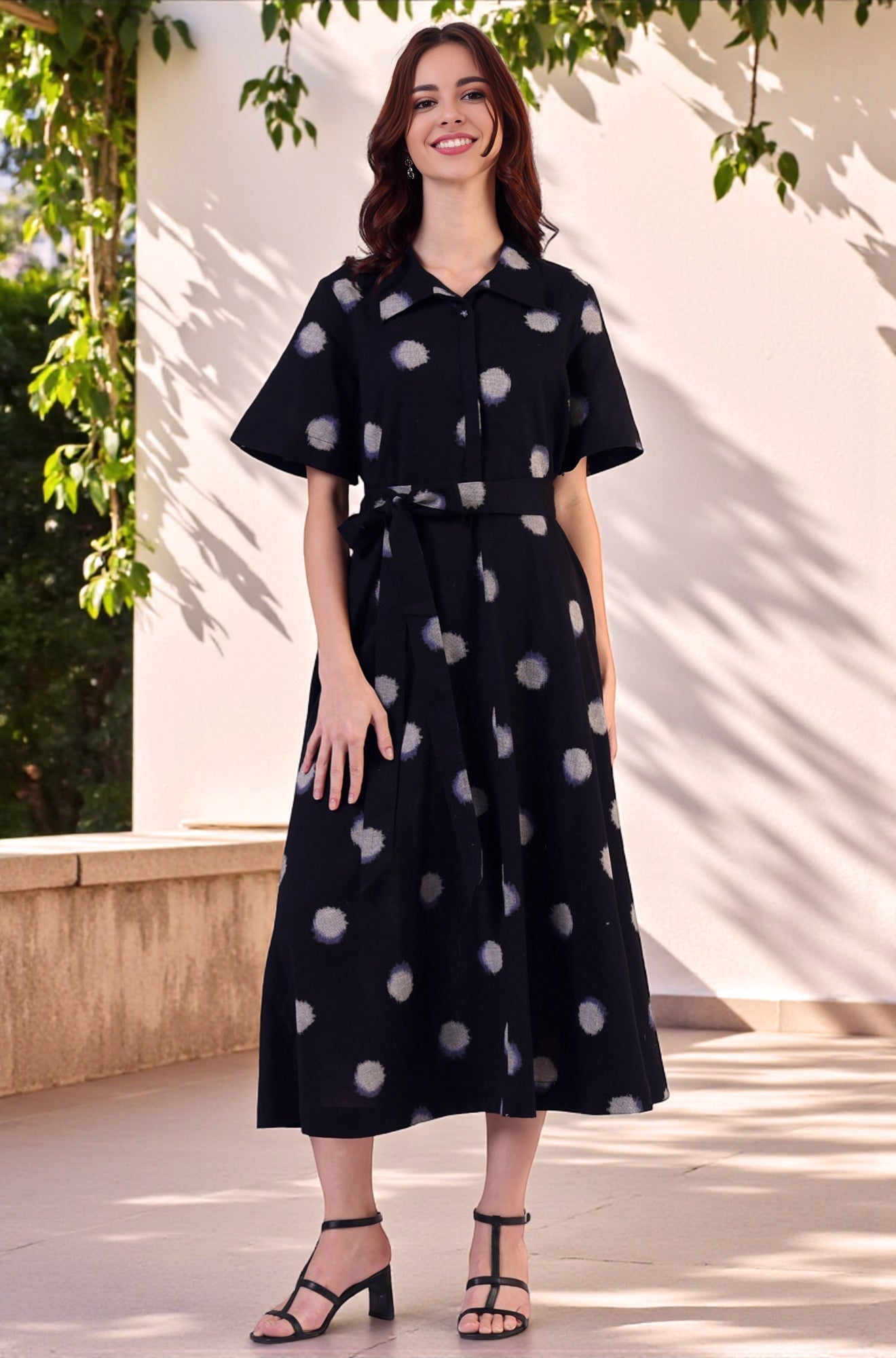 W for Woman Black Printed Flared Cotton Blend Dress