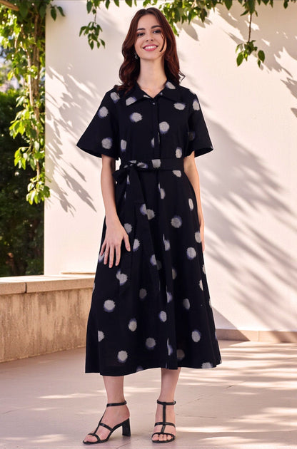 W for Woman Black Printed Flared Cotton Blend Dress