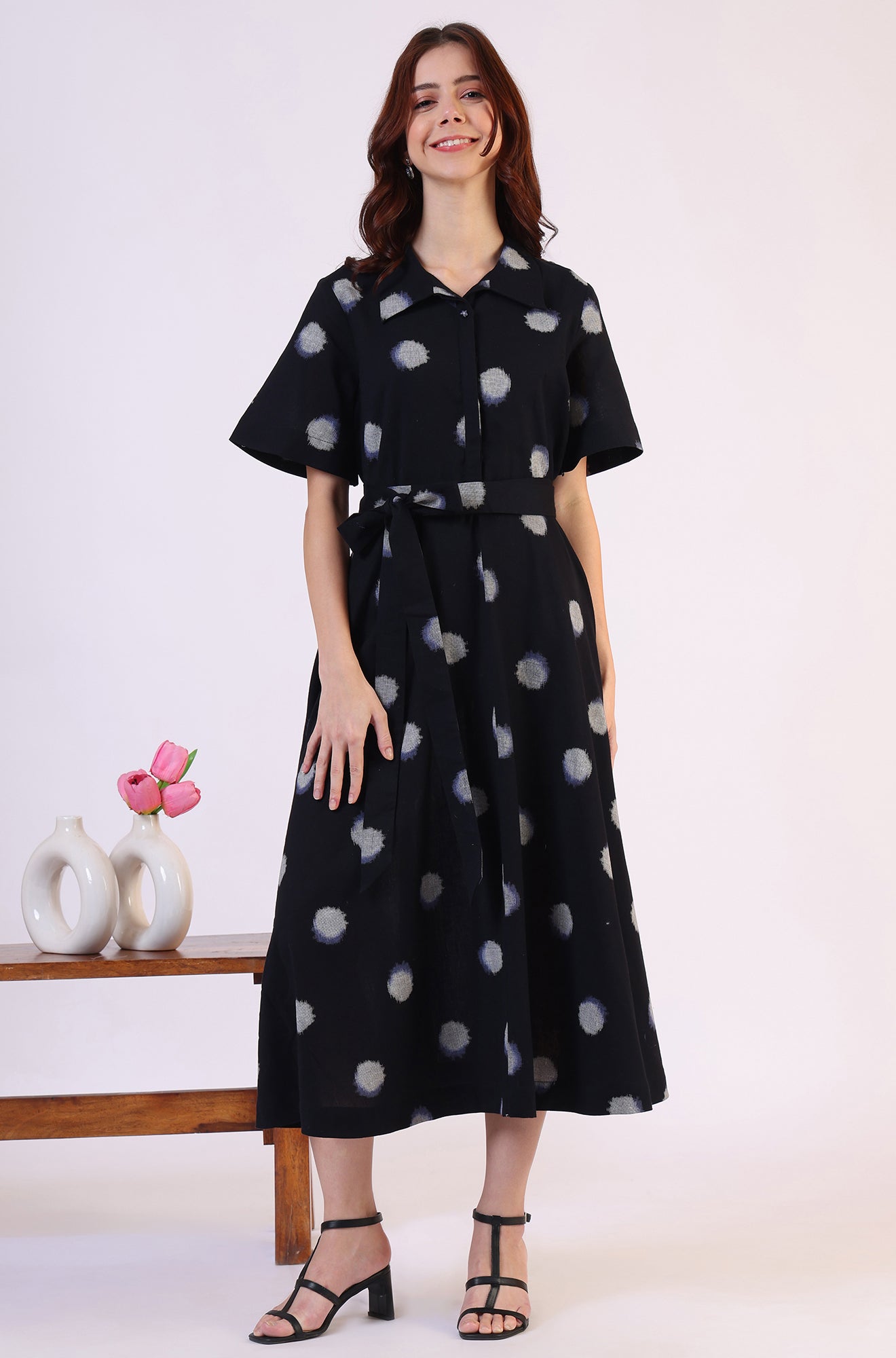 W for Woman Black Printed Flared Cotton Blend Dress