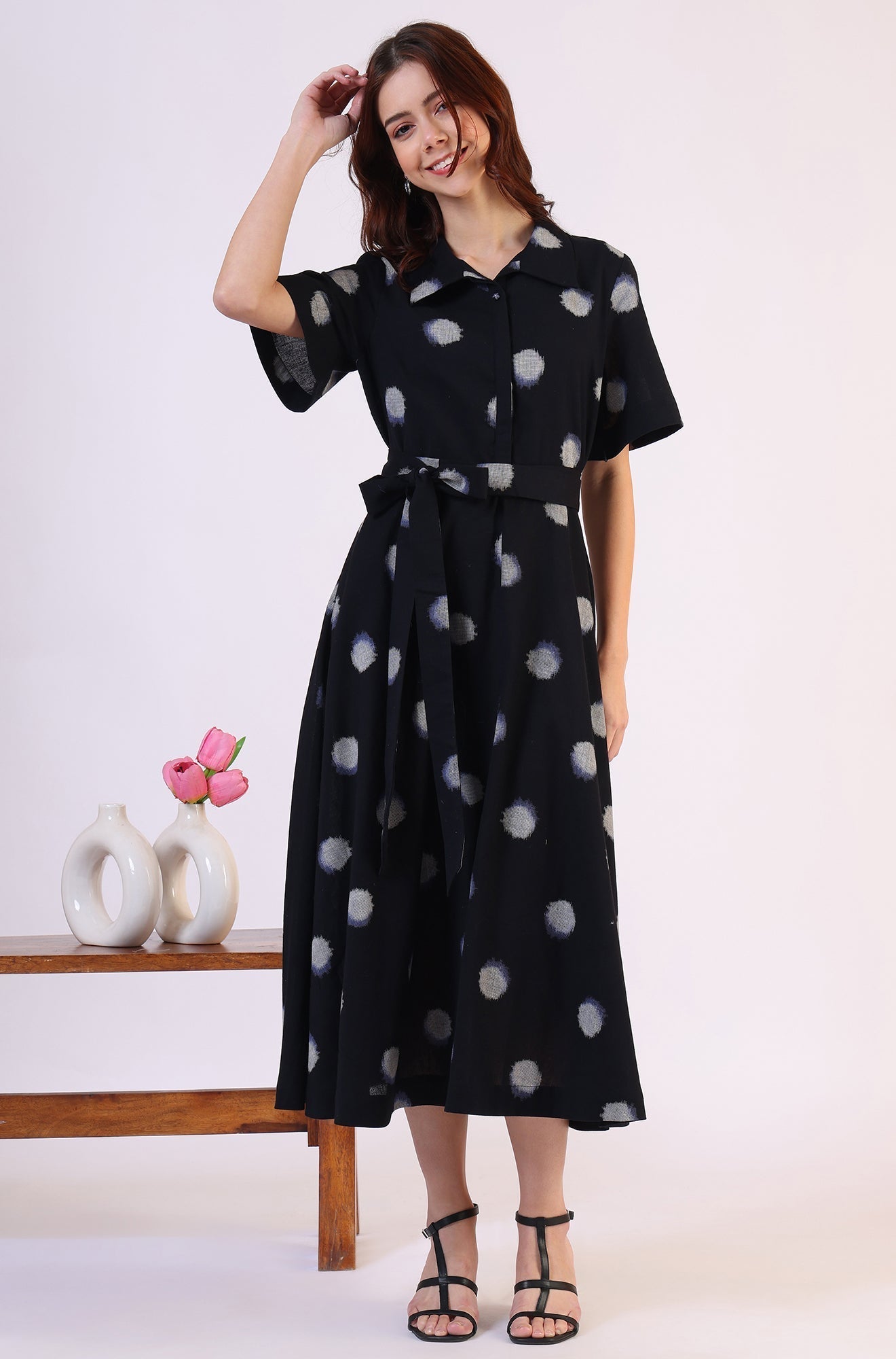 W for Woman Black Printed Flared Cotton Blend Dress