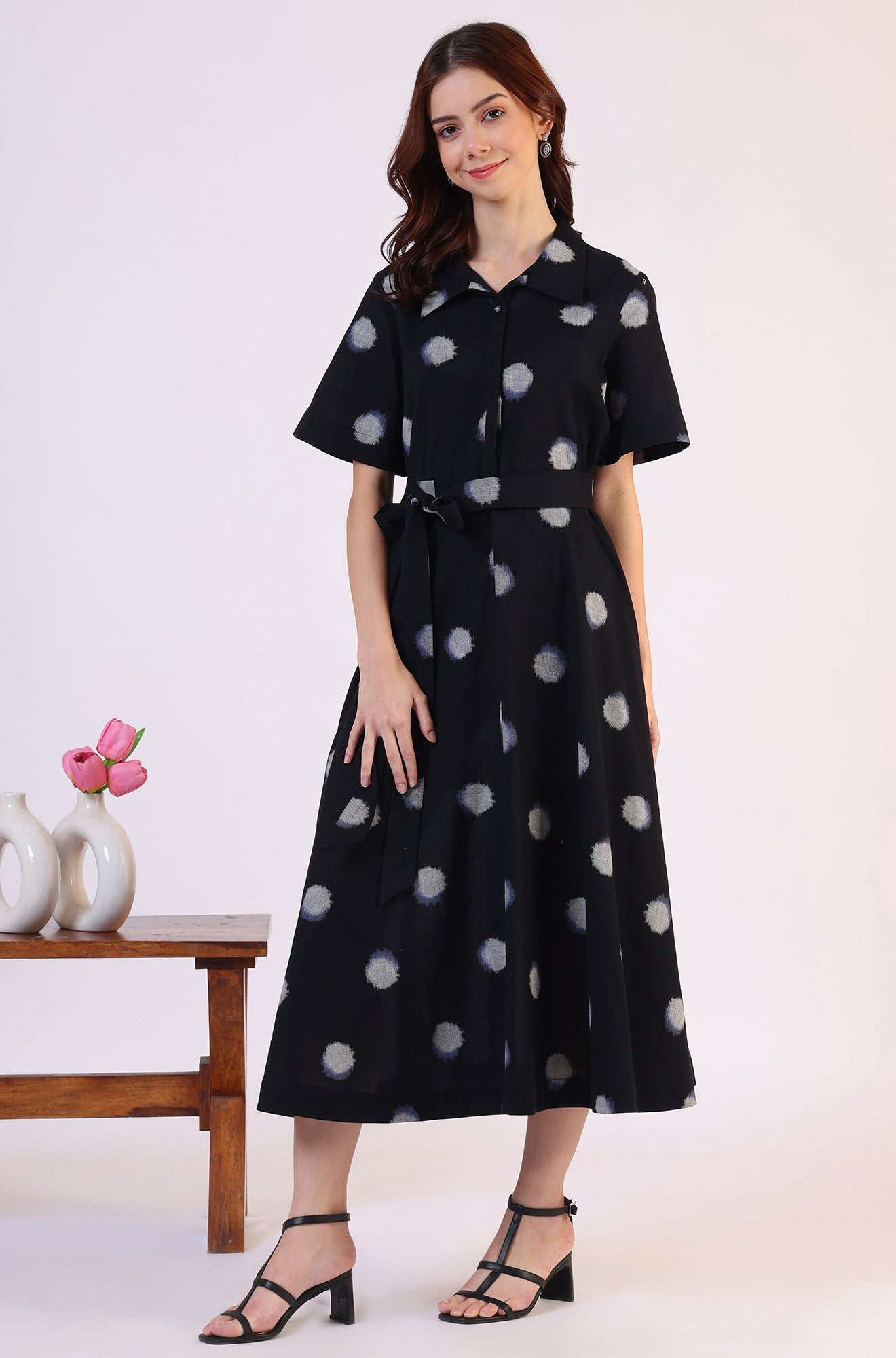 W for Woman Black Printed Flared Cotton Blend Dress