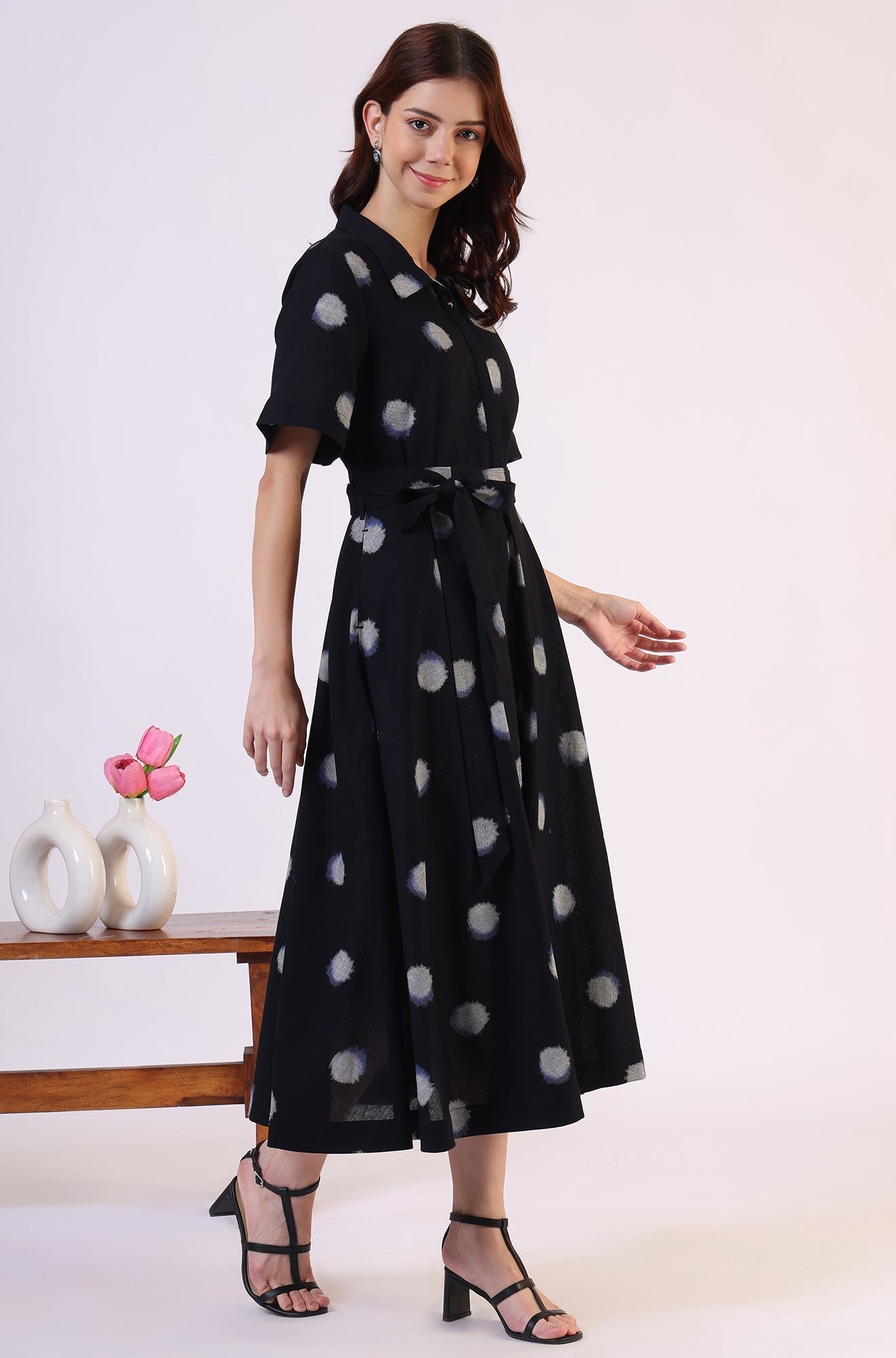 W for Woman Black Printed Flared Cotton Blend Dress