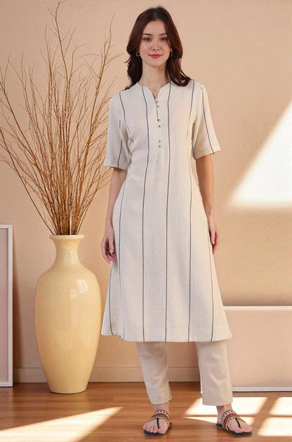 W for Woman Light Beige Yarn Dyed Striped Short Sleeves Cotton Blend Kurta