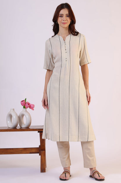 W for Woman Light Beige Yarn Dyed Striped Short Sleeves Cotton Blend Kurta
