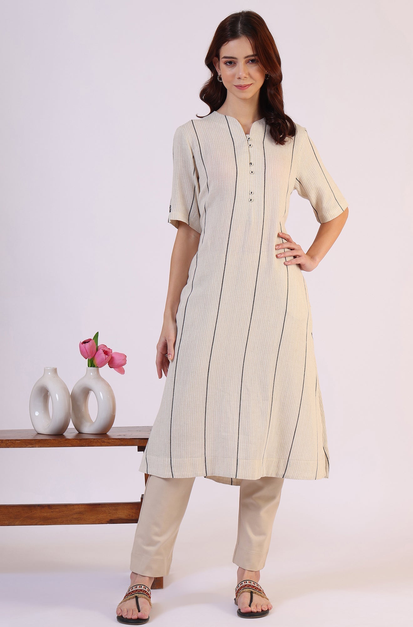 W for Woman Light Beige Yarn Dyed Striped Short Sleeves Cotton Blend Kurta