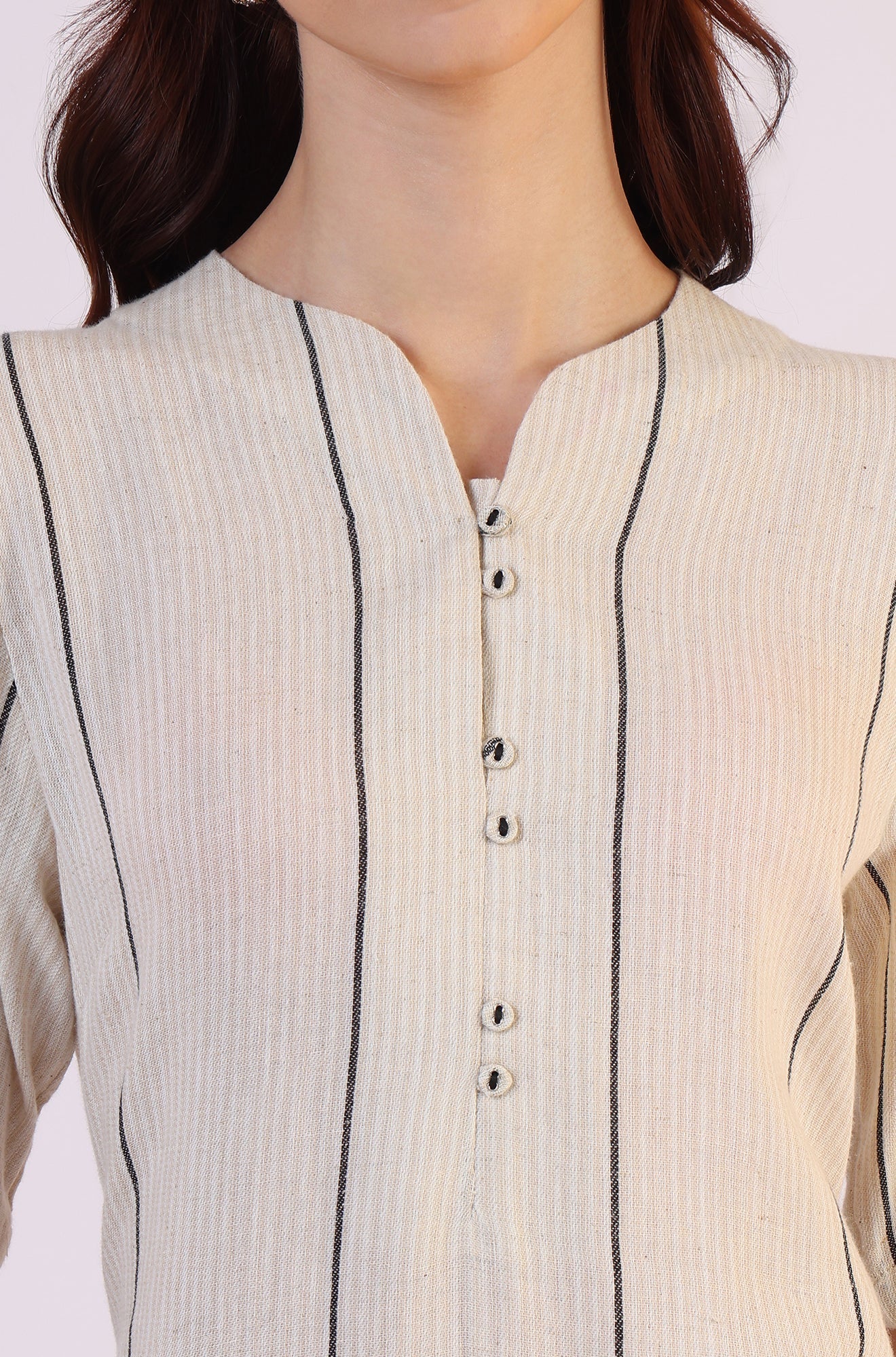 W for Woman Light Beige Yarn Dyed Striped Short Sleeves Cotton Blend Kurta