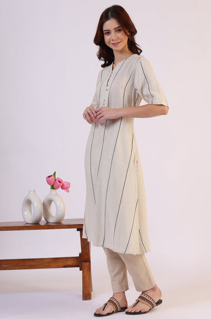 W for Woman Light Beige Yarn Dyed Striped Short Sleeves Cotton Blend Kurta