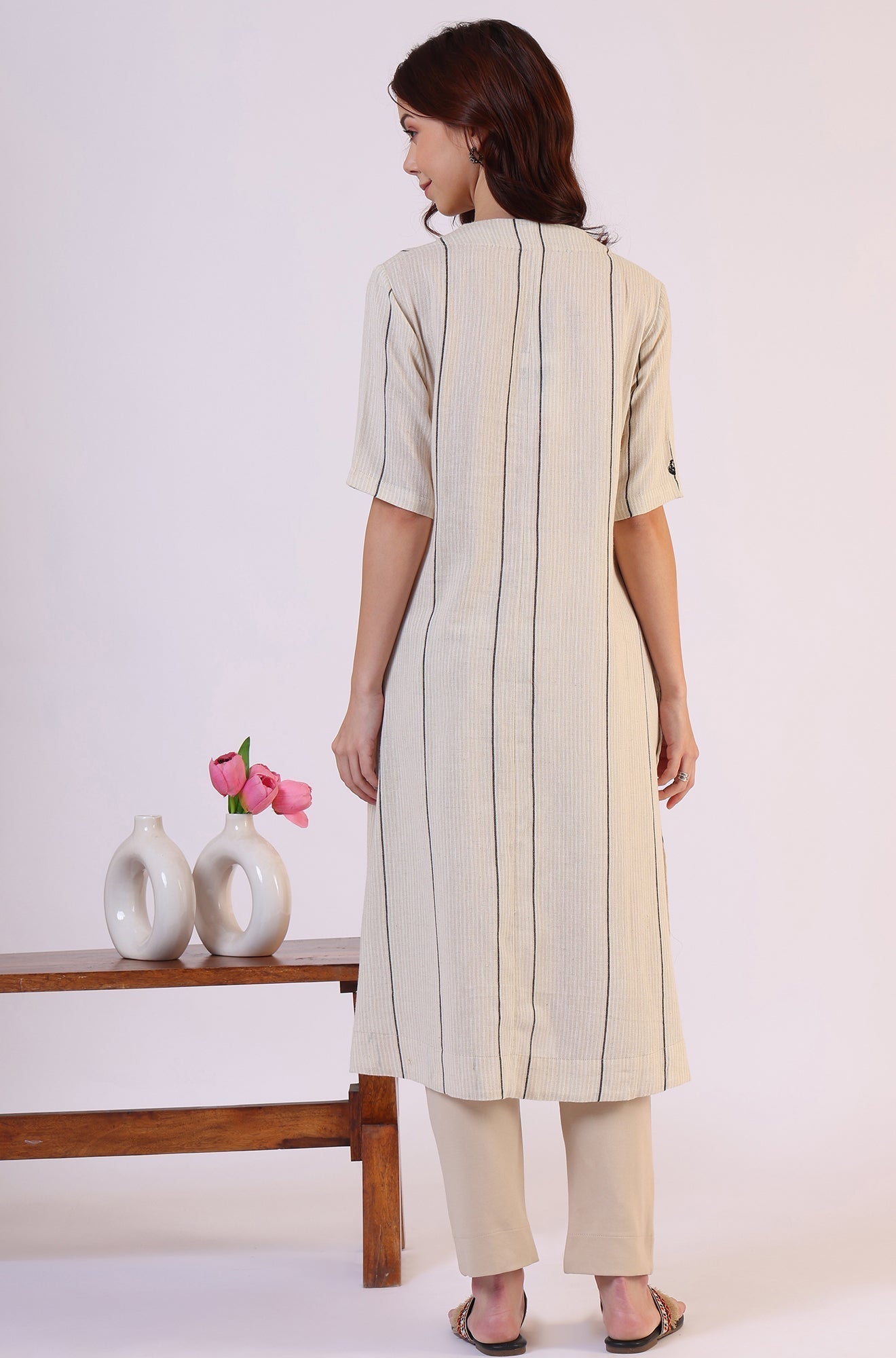W for Woman Light Beige Yarn Dyed Striped Short Sleeves Cotton Blend Kurta