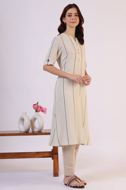 W for Woman Light Beige Yarn Dyed Striped Short Sleeves Cotton Blend Kurta