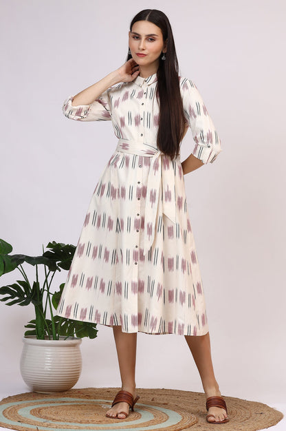 W for Woman White Ikkat Pure Cotton A-line Shirt Dress with Belt