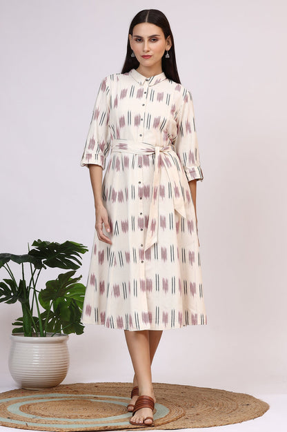W for Woman White Ikkat Pure Cotton A-line Shirt Dress with Belt
