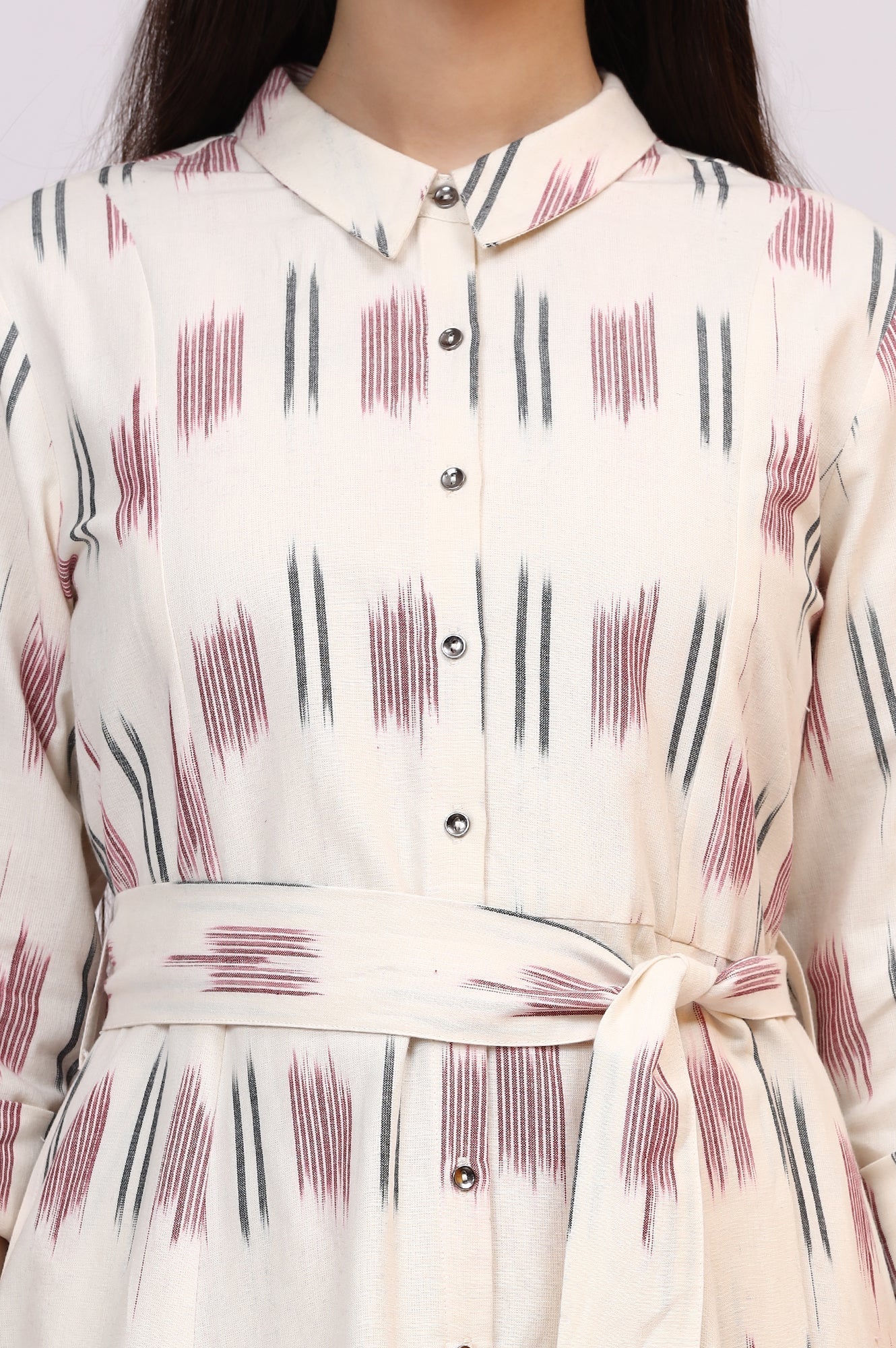 W for Woman White Ikkat Pure Cotton A-line Shirt Dress with Belt