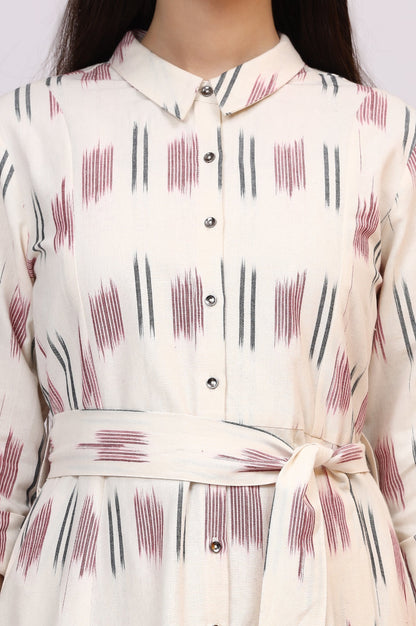 W for Woman White Ikkat Pure Cotton A-line Shirt Dress with Belt