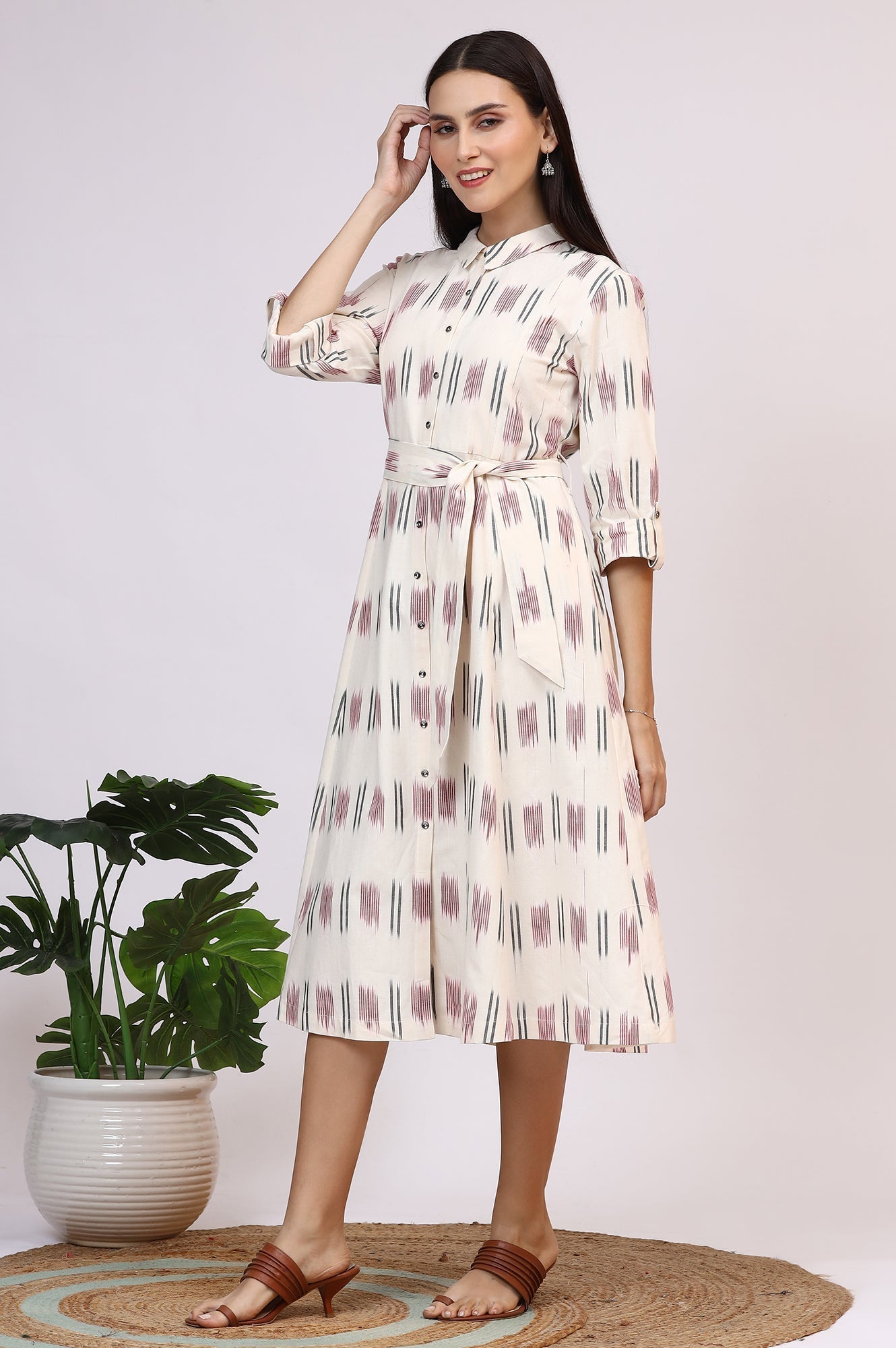 W for Woman White Ikkat Pure Cotton A-line Shirt Dress with Belt