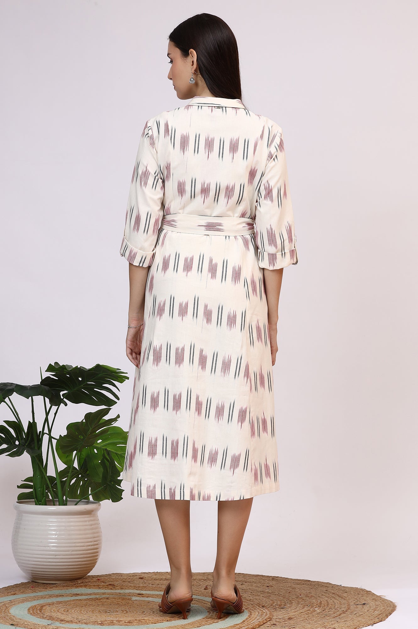 W for Woman White Ikkat Pure Cotton A-line Shirt Dress with Belt
