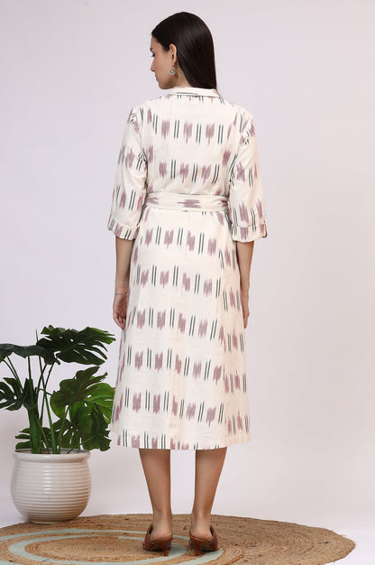 W for Woman White Ikkat Pure Cotton A-line Shirt Dress with Belt