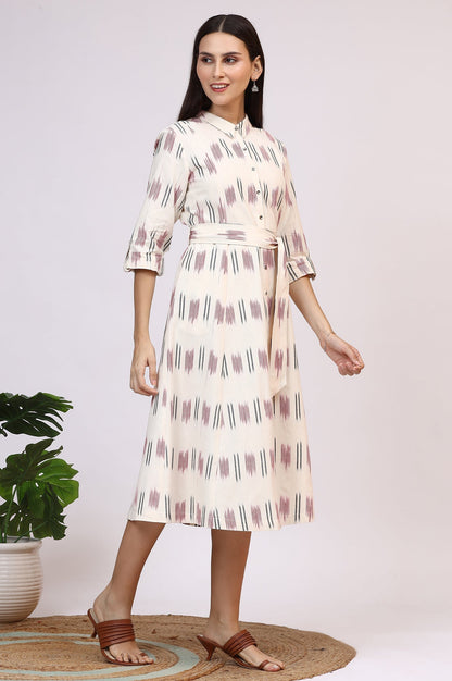 W for Woman White Ikkat Pure Cotton A-line Shirt Dress with Belt