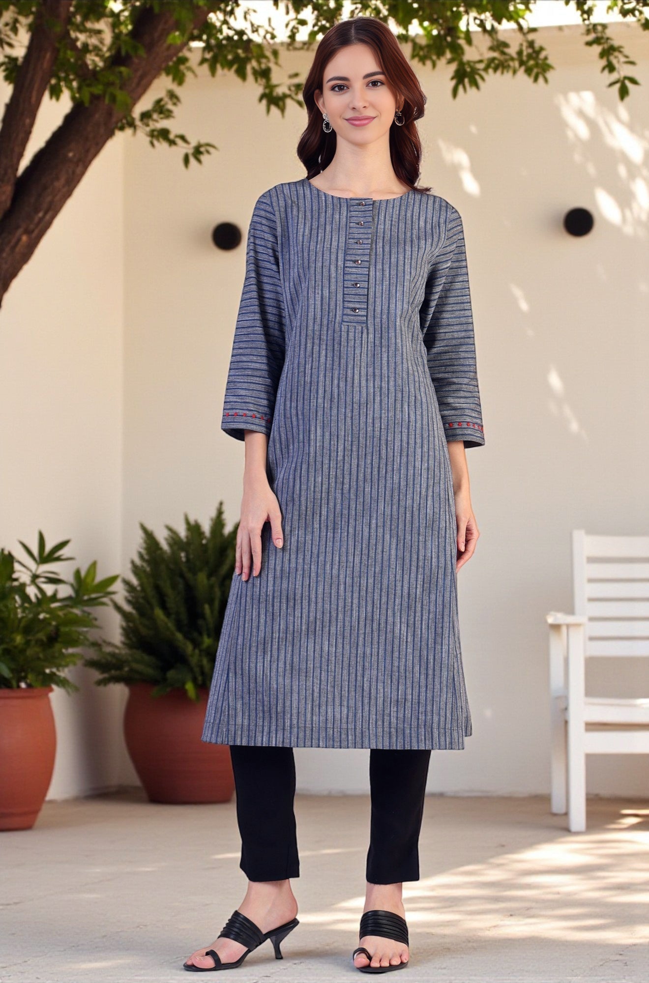W for Woman Grey Dyed Straight Pure Cotton Kurta