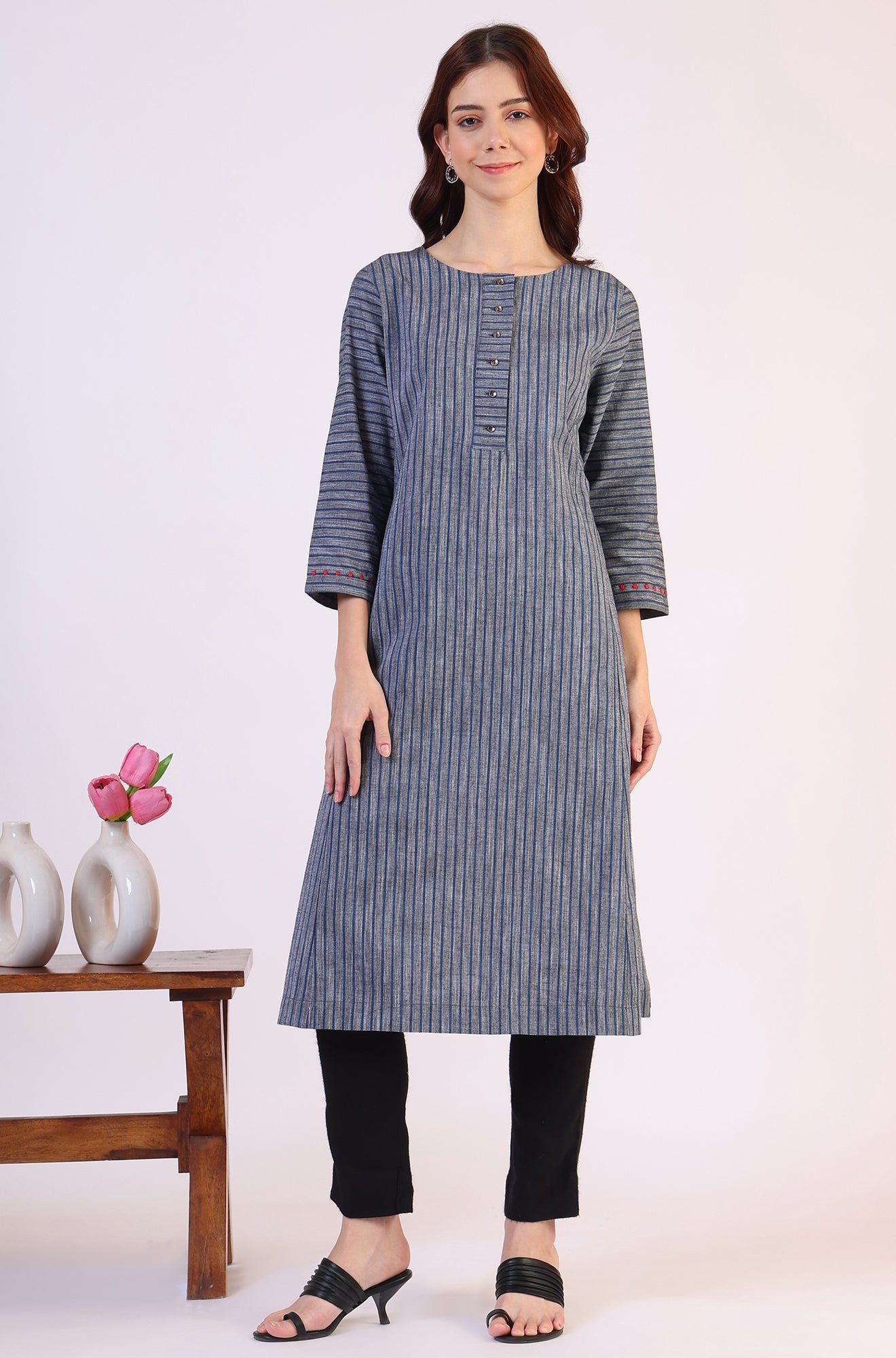 W for Woman Grey Dyed Straight Pure Cotton Kurta