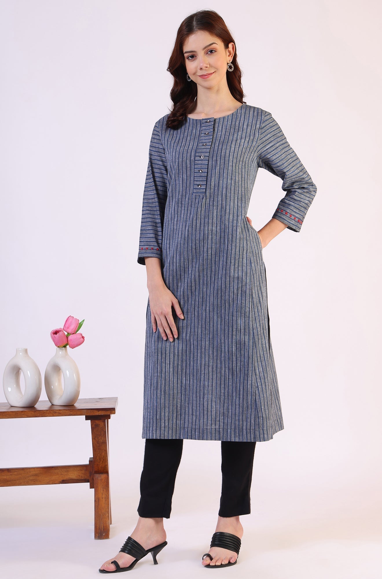 W for Woman Grey Dyed Straight Pure Cotton Kurta