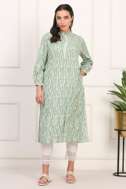 W for Woman New Sage Green Ikat Printed A-Line Pure Cotton Kurta