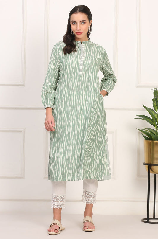 W for Woman New Sage Green Ikat Printed A-Line Pure Cotton Kurta