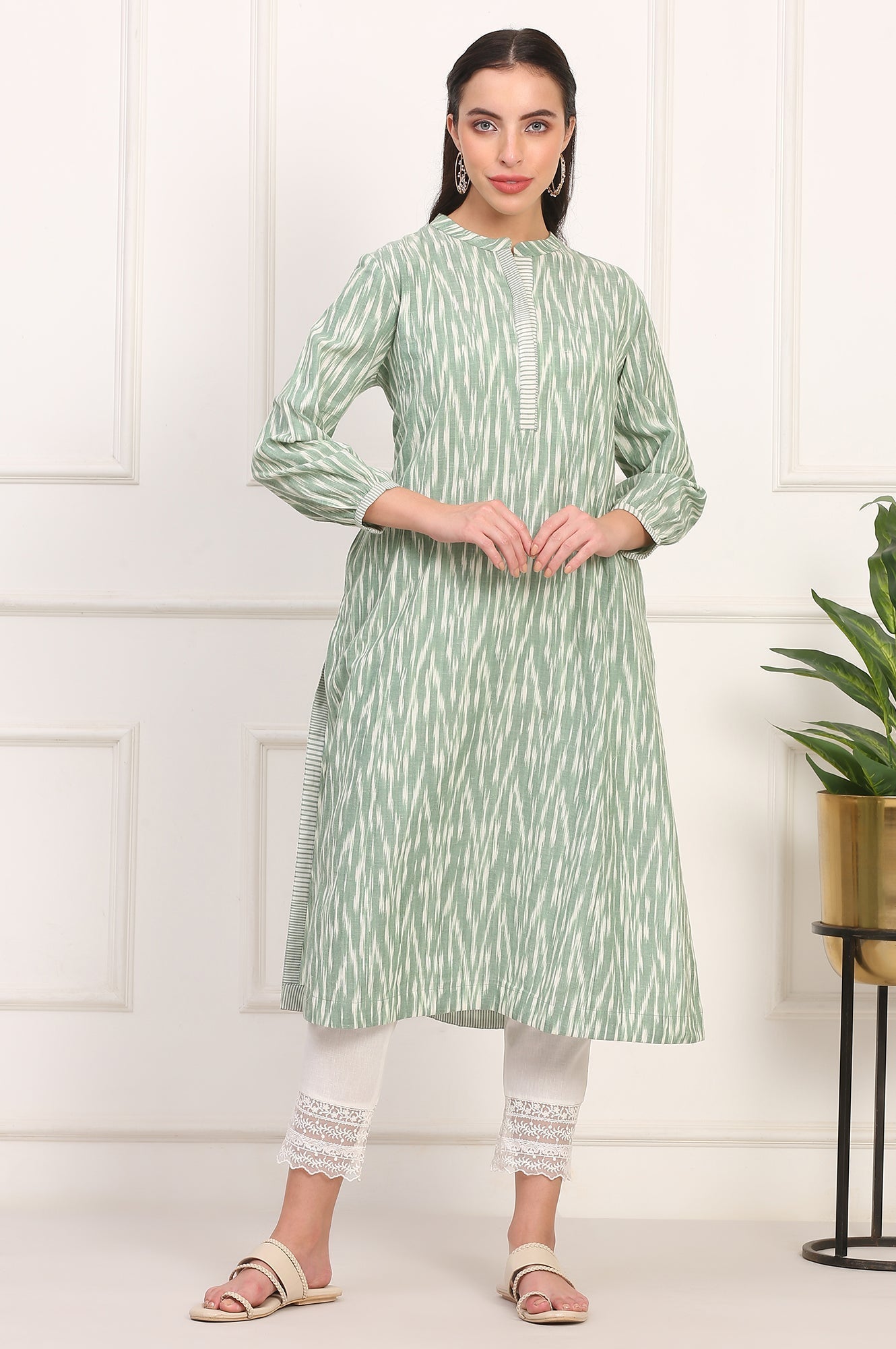 W for Woman New Sage Green Ikat Printed A-Line Pure Cotton Kurta