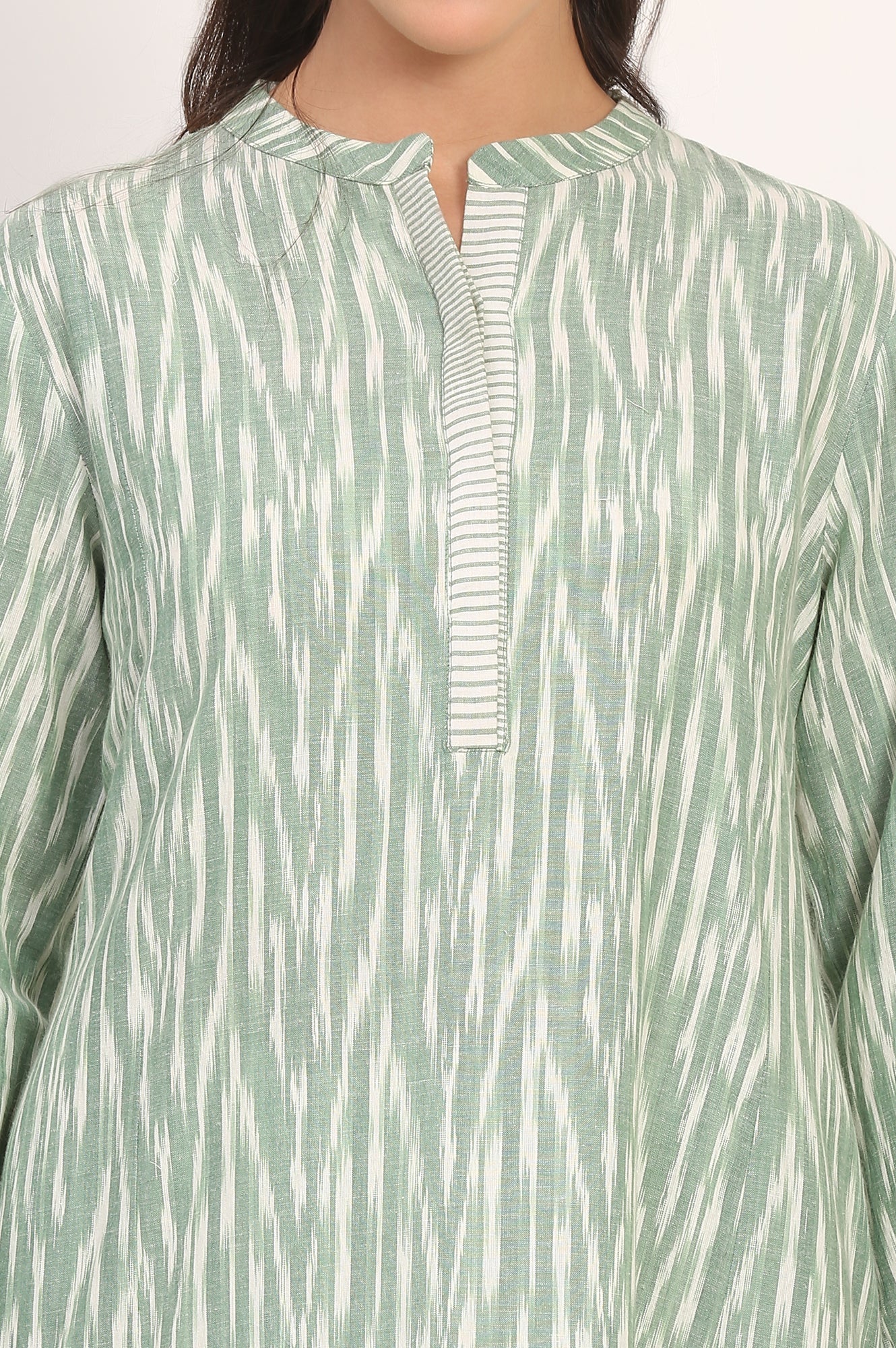 W for Woman New Sage Green Ikat Printed A-Line Pure Cotton Kurta
